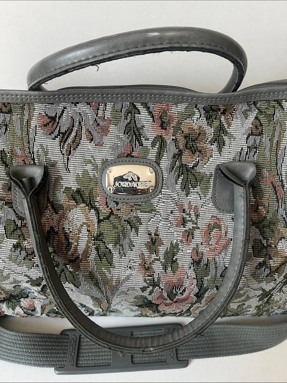 Vintage Jordache Floral Tapestry Duffel Bag in Gray with Pink and Olive Accents